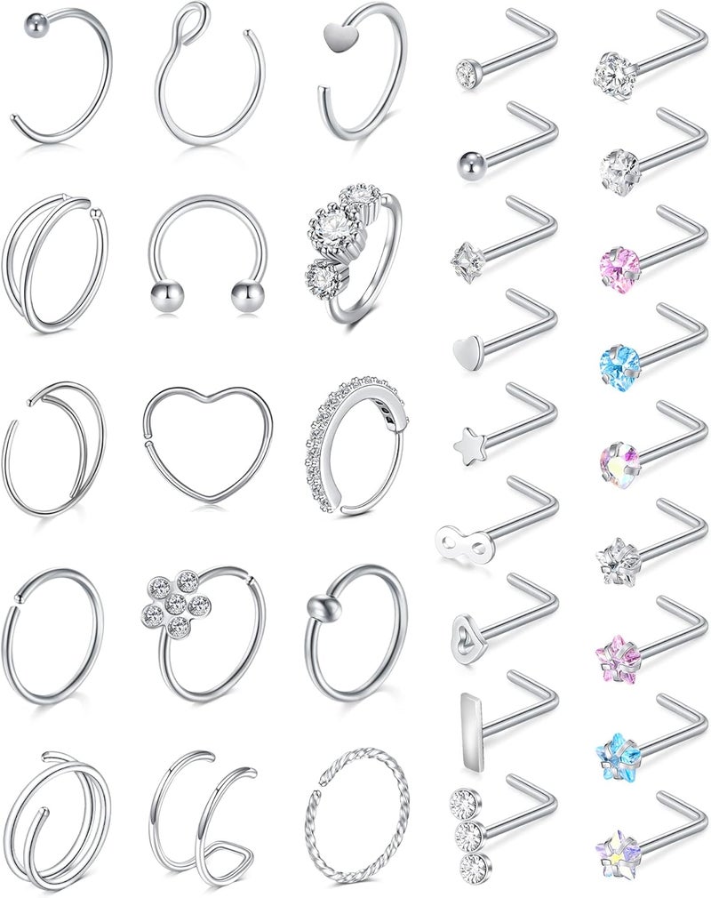 Incaton 20G Stainless Steel Nose Rings for Women Nose Rings Hoops L Shaped Nose Studs Screw Nose Piercing Jewelry for Women Men Silver Rose Gold Black Rainbow - Image 1